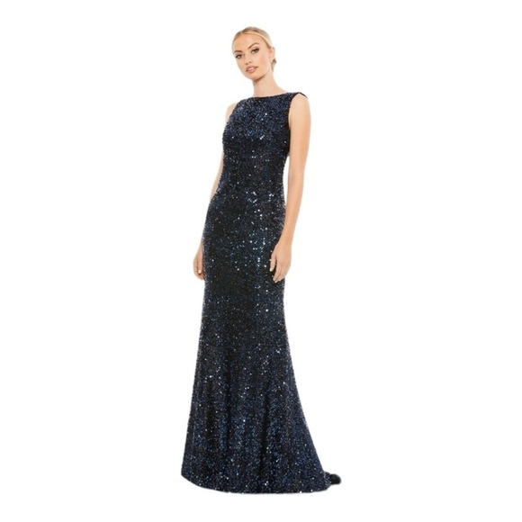 Mac Duggal Cowl Back Boat Neck Sequined Evening Gown in Midnight NWT